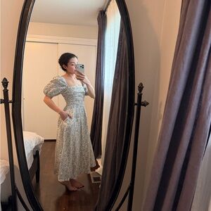 Smocked Square-Neck Puff Sleeve Maxi Dress in Floral Print Caramel Monster